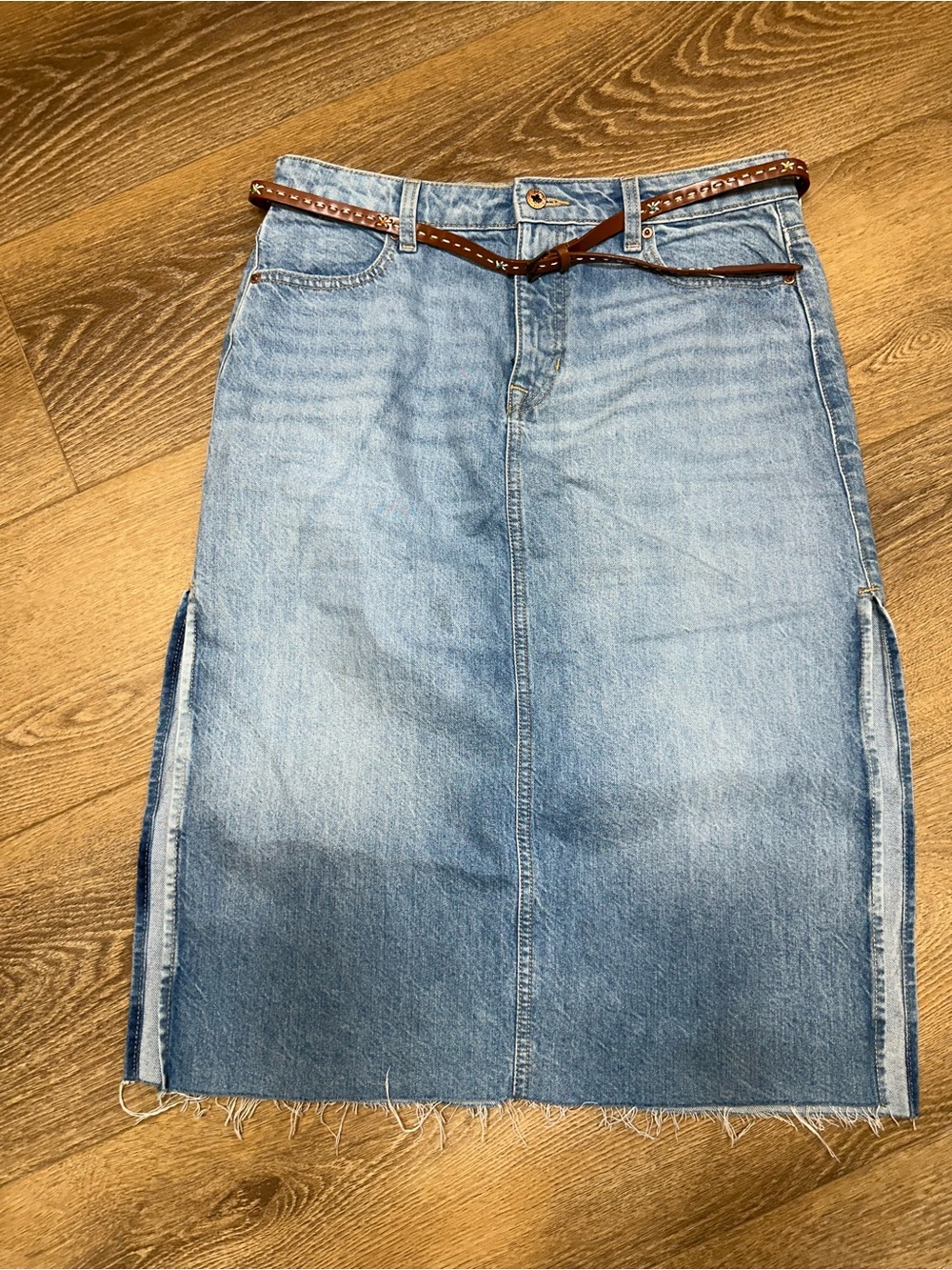 Buffalo David Bitton Light Blue Denim High Rise Savana Skirt with Brown Belt 30
